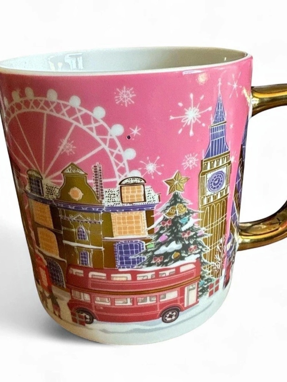 Anthropologie Christmas Pink & Gold Holiday London Coffee Mug Christmas Gifts